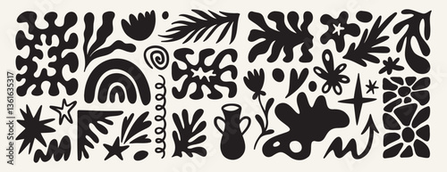 Matisse organic shapes. Abstract geometric contemporary nature doodle pattern, poster, cover, elements for botanic postcards. Naive art. 