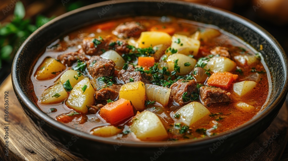 A close up shot of a hearty stew in a bowl A close up shot of a hearty stew in a bowl