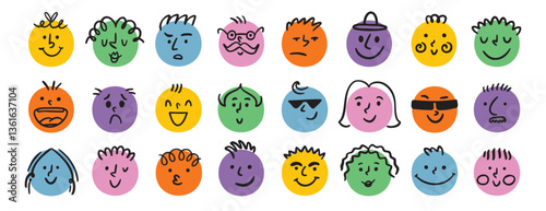 funny comic faces round abstract various emotions set. crayon drawing different colorful characters. cartoon flat design.