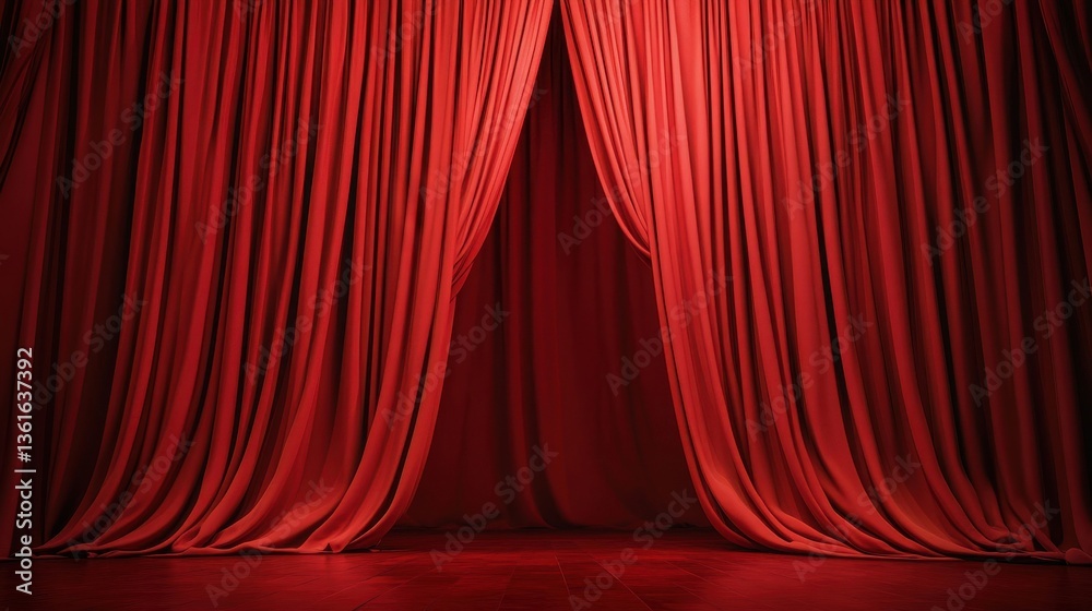 Fototapeta premium Dramatic Red Curtains Parted in Theatrical Setting