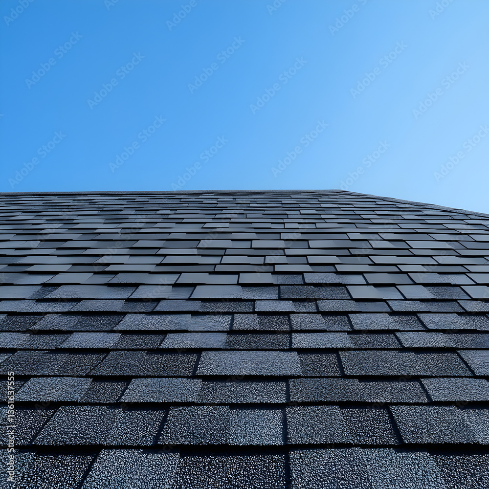 Fototapeta premium Inspecting shingle roofing installation residential area building structure clear sky upward angle home maintenance
