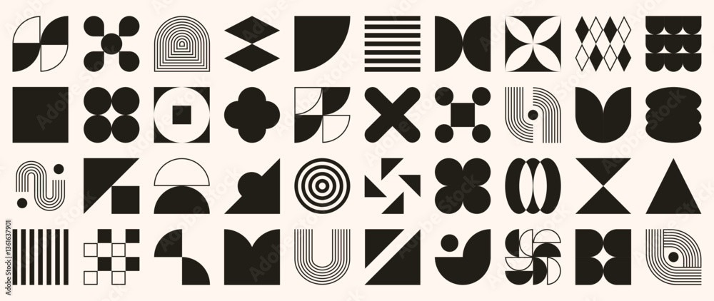 Set of abstract black and white geometric shapes vector. Collection of contemporary figure, flower, circle, sparkle, pixel, halftone, line. Design element perfect for banner, prints, stickers, decor.