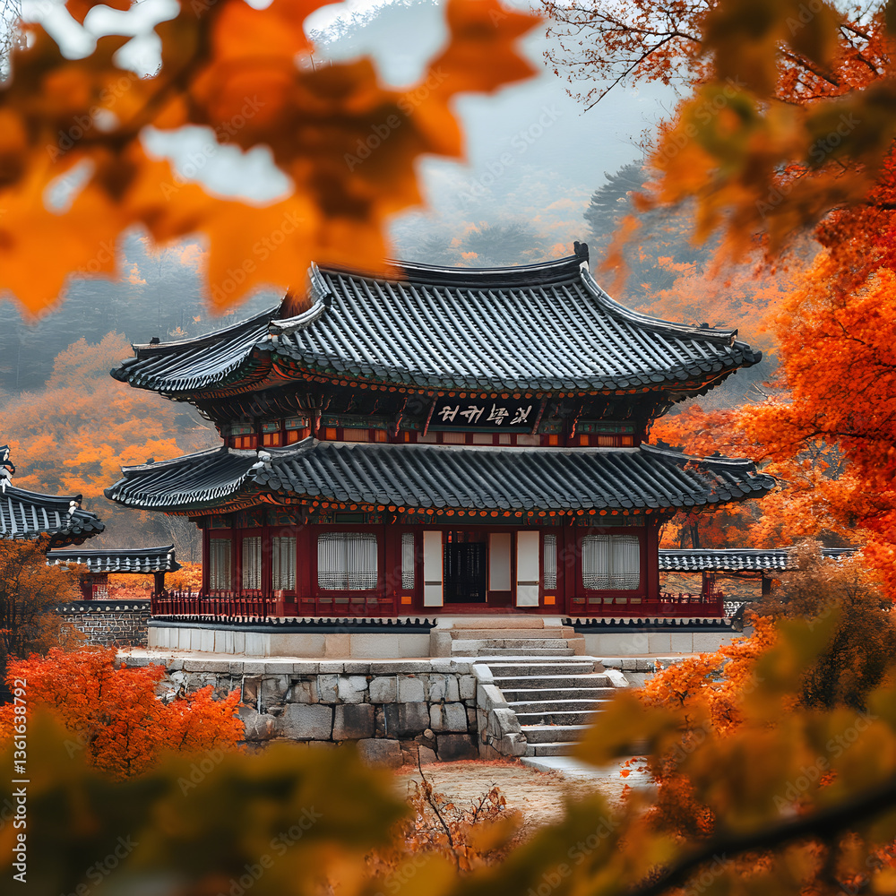 Obraz premium Autumn serenity traditional korean architecture south korea photography scenic landscape aesthetic viewpoint