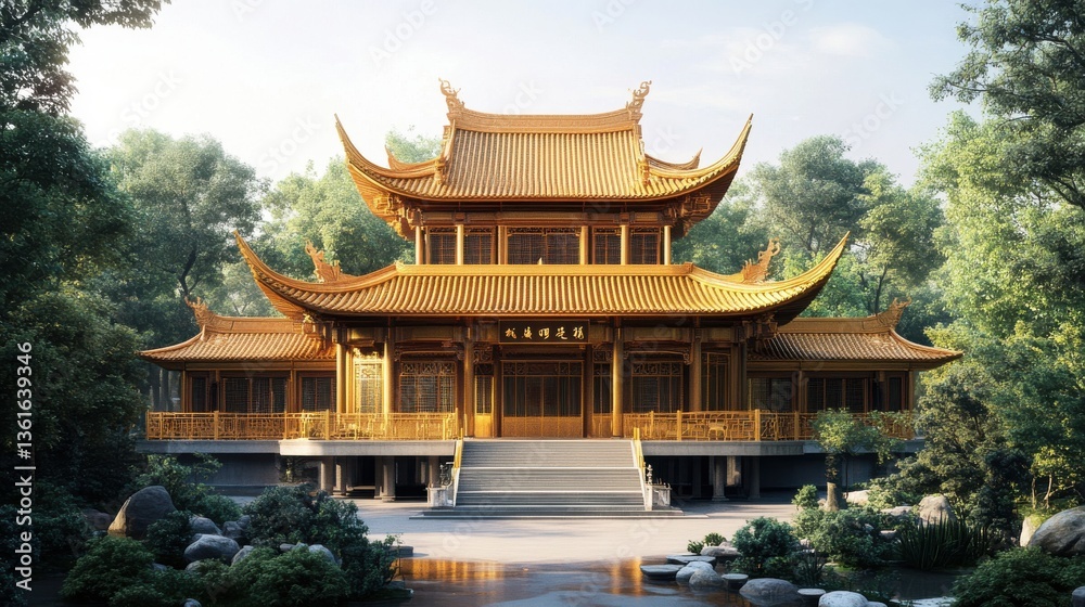 Obraz premium Golden architectural marvel surrounded by lush greenery in serene landscape