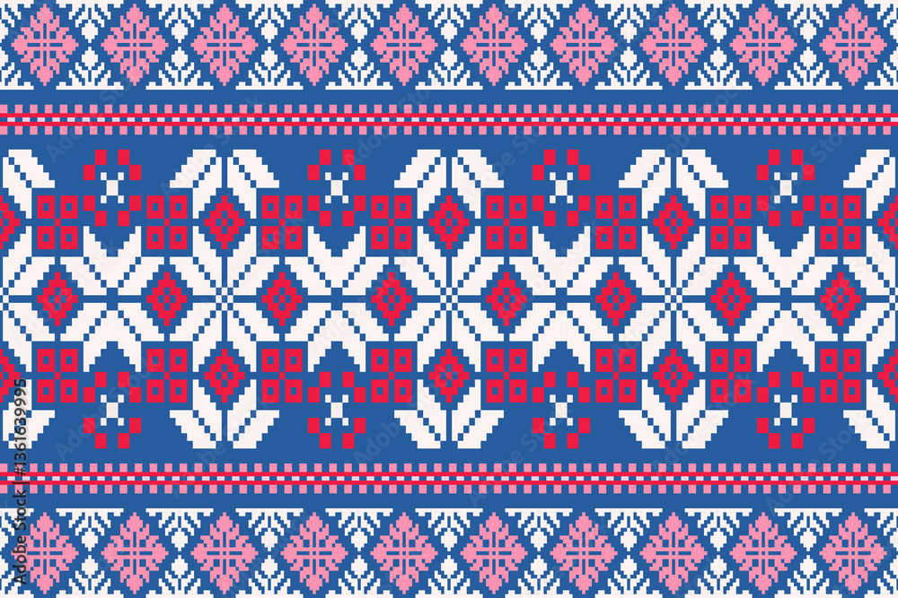 Ethnic pixel art background.Repeating geometric pattern design with floral.Design for texture,fabric,cloting,carpet,knitewar,curtains,wrapping,batik,scarf,vector,illustration