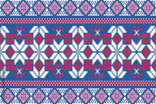 Obraz na płótnie Ethnic pixel art background.Repeating geometric pattern design with floral.Design for texture,fabric,cloting,carpet,knitewar,curtains,wrapping,batik,scarf,vector,illustration w salonie
