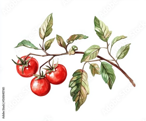 Watercolor Tomatoes: Fresh Branch on Isolated White Background