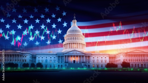 A vibrant digital depiction of the U.S. Capitol building, blended with the American flag and financial market graphics.