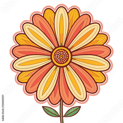 Design a groovy 1970s style sticker featuring a daisy flower, utilizing vibrant colors and a retro aesthetic.  Include a simple, bold outline.