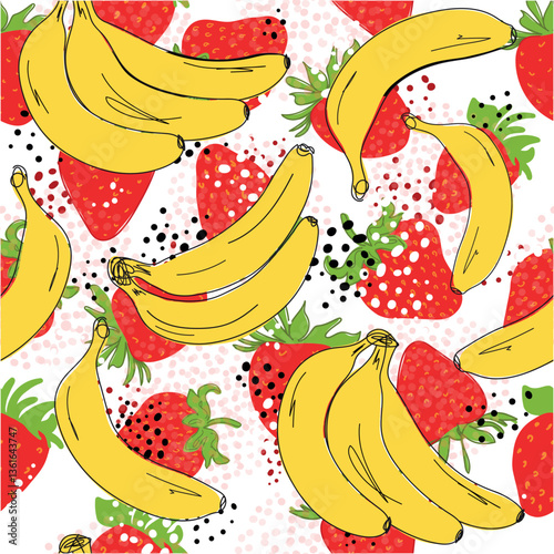 Cartoon banana, strawberry - seamless pattern. Doodle Yellow, red tropical fruits, one banana, bunch on white background. Hand drawn. Vegetarian food. Minimalistic style. Black line. Vector