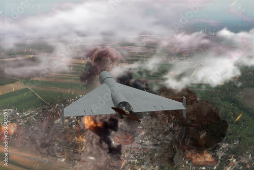 A kamikaze drone flies over residential buildings, the UAV attacks the homes and infrastructure of civilians,