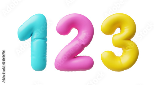 Realistic 3D volume colorful inflated balloon one, two, three numbers, vector 1 2 3 count typing symbol from air balloon