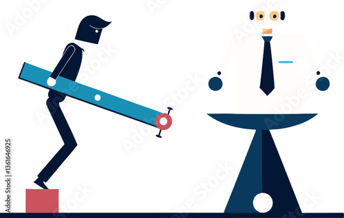 Artificial intelligence supporting business success: AI automation technology and innovation boost employee development. A robot hand assists a businessman in jumping on a seesaw, symbolizing improvem