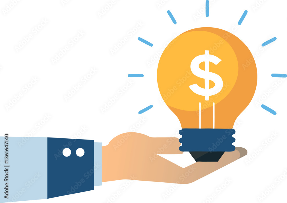 Financial enlightenment: High-profit investments, smart savings, and innovative business strategies. A businessman holds a glowing dollar-shaped lightbulb, representing wealth creation and creativity. Financial enlightenment: High-profit investments, smart savings, and innovative business strategies. A businessman holds a glowing dollar-shaped lightbulb, representing wealth creation and creativity.