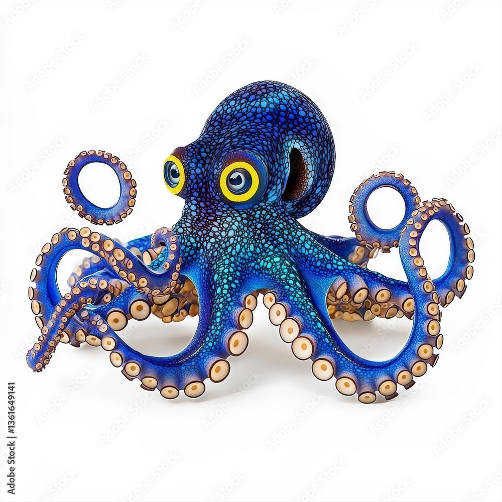 Fototapeta premium Artistic representation of a blue-ringed octopus sculpted with intricate details and accentuated colors on a white background