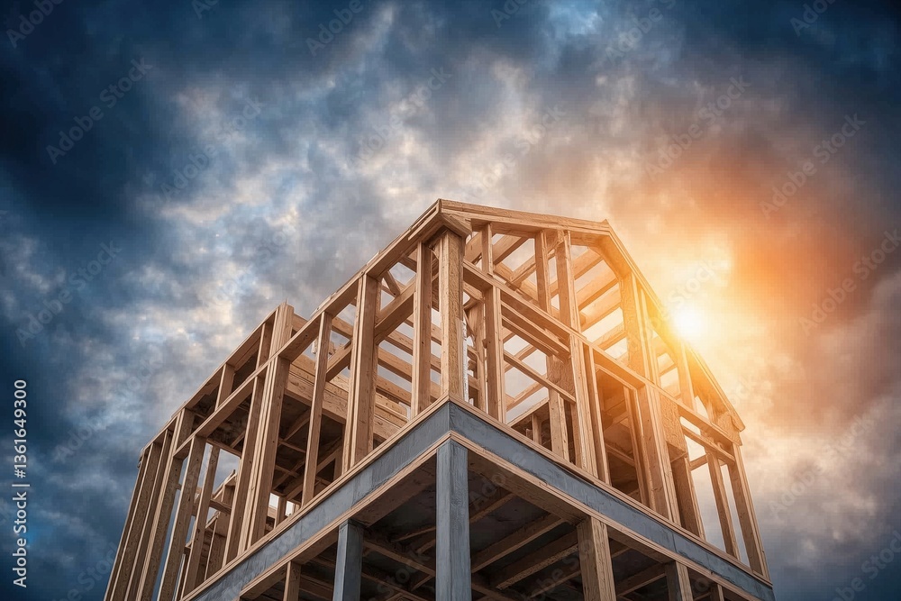 Obraz premium Wooden house frame construction at sunrise with dramatic clouds. Residential building progress