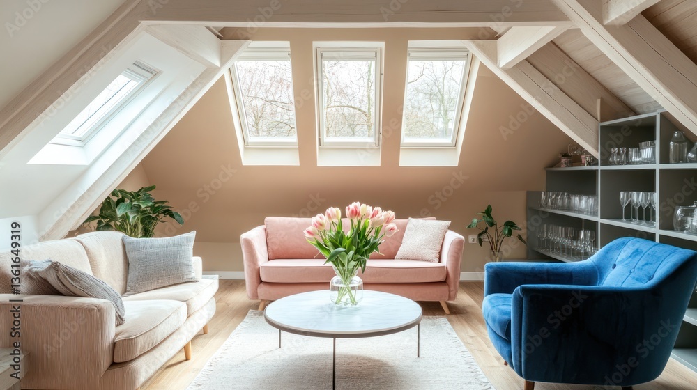 Fototapeta premium Attic Room with Cozy Furniture and Tulips