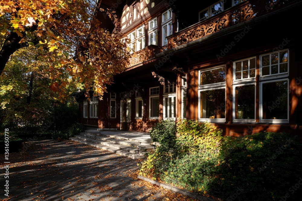 Fototapeta premium Autumnal Elegance in a Wooden Building