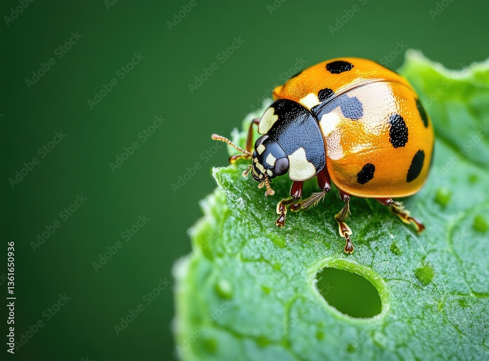 Fototapeta premium Ladybug Crawling on Green Leaf with Holes Close Up