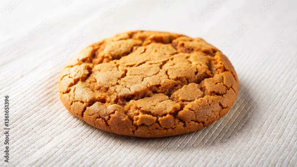 A single, golden-brown, chewy cookie rests on a textured beige fabric surface. A single, golden-brown, chewy cookie rests on a textured beige fabric surface.