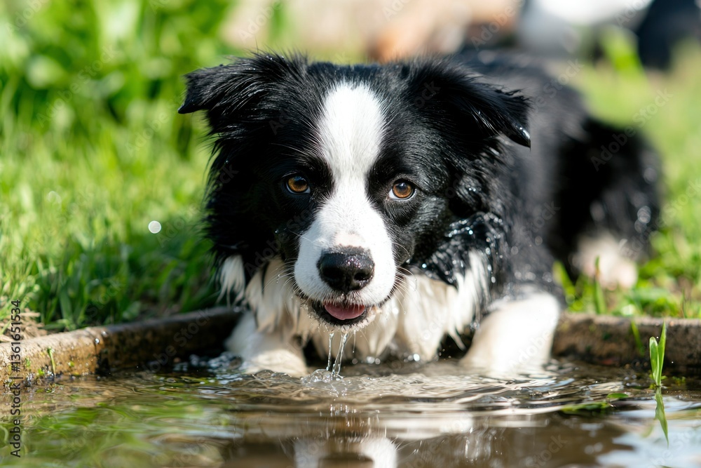 Fototapeta premium Wet Border Collie in a Pond