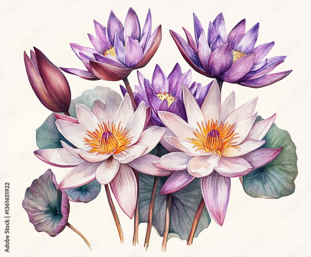 Obraz premium Watercolor Lotus Bouquet: Tropical Water Lily Floral Art