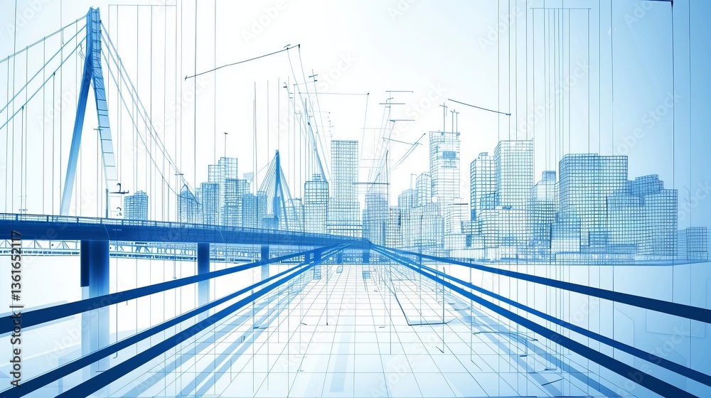 Obraz premium Blue architectural cityscape design with bridge, road and buildings illustration