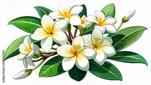 White plumeria and frangipani flowers isolated on white background, low angle view