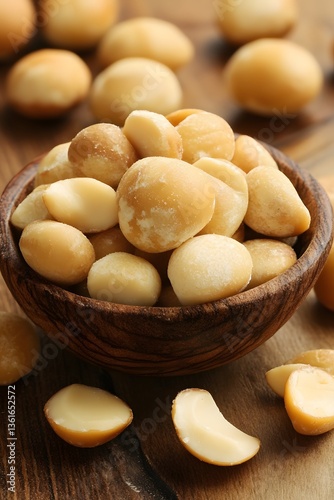Delicious Macadamia Nuts in Wooden Bowl, Close-up Photo of Healthy Snack