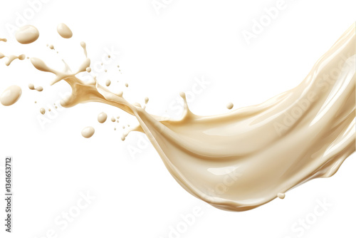 White liquid splash with droplets, pouring flowing cream or yogurt closeup.
