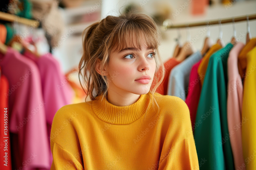 A young woman in a cozy sweater contemplating fashion choices in a vibrant store. A young woman in a cozy sweater contemplating fashion choices in a vibrant store.