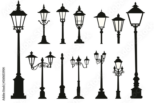 Street lamp post set vector in flat style, isolated in white background. Silhouette street lamp collection set. Outdoor city lighting fixtures with a retro modern design for sidewalks in urban or town