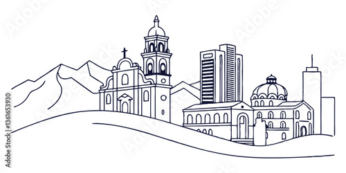 El Paso skyline, incorporating its unique desert landscape and historic architecture in a sleek, continuous-line style.