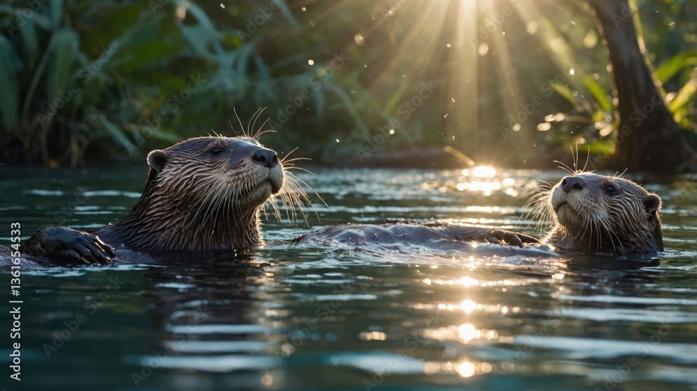 Two otters swimming in a serene water environment with sunlight filtering through. Two otters swimming in a serene water environment with sunlight filtering through.