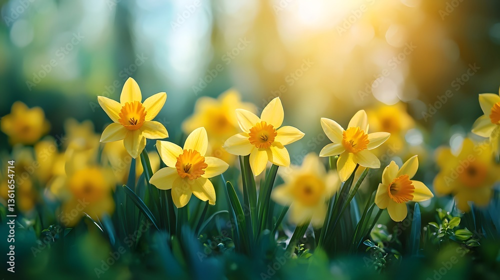 Fototapeta premium A vibrant field of blooming daffodils in spring