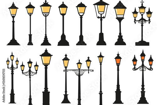 Street lamp post set vector in flat style, isolated in white background. Silhouette street lamp collection set. Outdoor city lighting fixtures with a retro modern design for sidewalks in urban or town