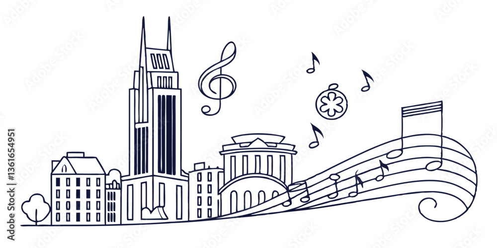 Nashville skyline, featuring the AT&T Building and iconic music-related elements in a smooth, continuous-line style.