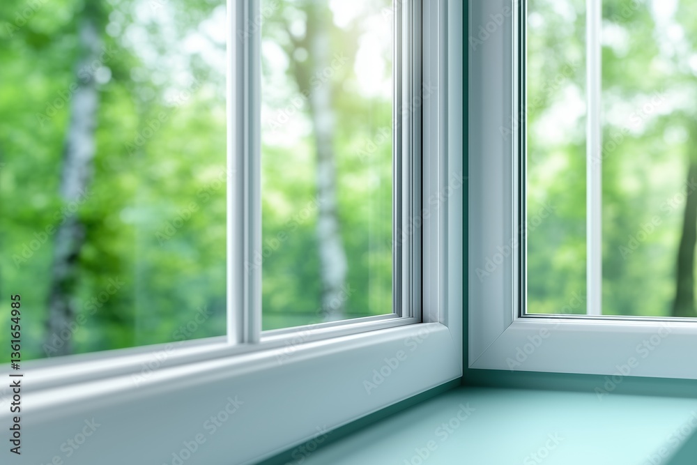 Fototapeta premium Corner view of window with green nature outside during sunny day. peaceful home atmosphere