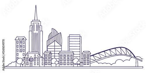 A minimalist one-line drawing of the Nashville skyline, featuring the AT&T Building and iconic music-related elements in a smooth, continuous-line style.