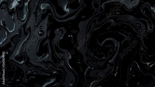 Abstract Dark Fluid Art: Swirling Black Liquid with Bubbles