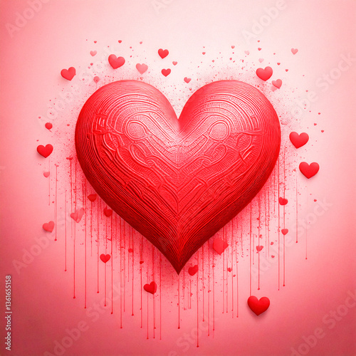 Red heart on pastel pink background for birthday and Valentine's Day greeting card.