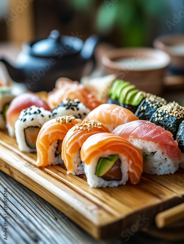 Close-up of assorted sushi rolls with salmon, tuna, and avocado on a wooden serving board. Concept of traditional Japanese cuisine, culinary art, and cultural dining experience.