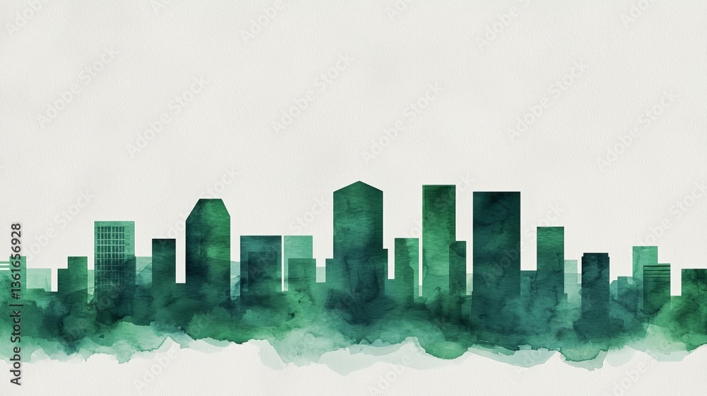Obraz premium A beautiful watercolor skyline in green tones, showcasing modern architectural designs.