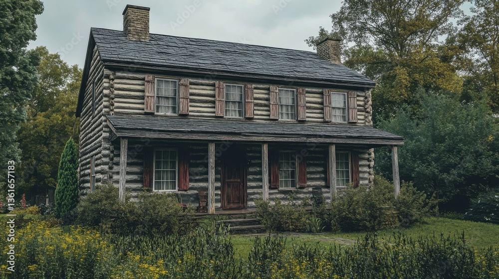 custom made wallpaper toronto digitalHistoric log cabin surrounded by lush greenery and wildflowers under overcast sky
