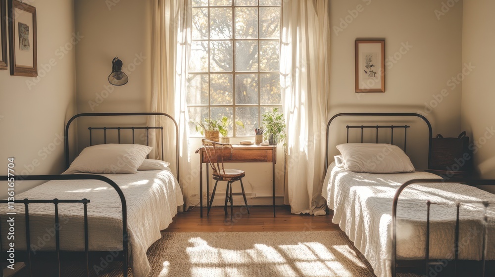 Fototapeta premium Sunlit twin beds in a cozy room with fall foliage outside. Possible use Interior design photography