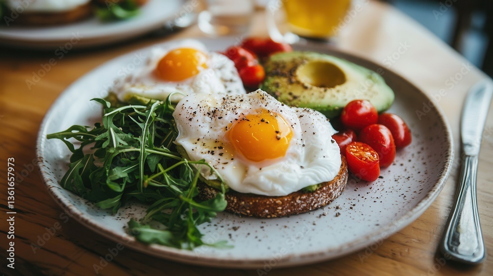a healthy breakfast plate with avocado toast topped with poached eggs, cherry tomatoes, and arugula, served on rustic ceramic tableware. a healthy breakfast plate with avocado toast topped with poached eggs, cherry tomatoes, and arugula, served on rustic ceramic tableware.