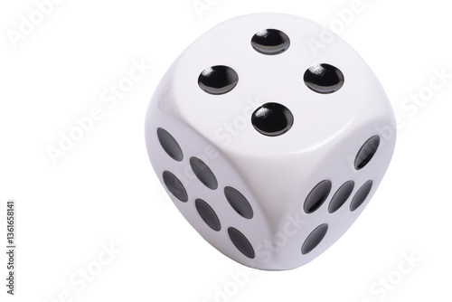 Isolated large white die or dice with black dots on transparent background, template of a die or dice, gambling addiction or table game concept, PNG