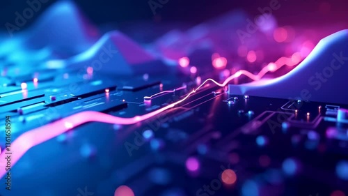 Abstract Digital Circuit Board with Neon Lights and Data Flow