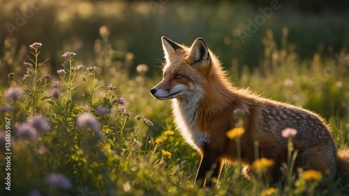 A fox in a sunlit meadow surrounded by wildflowers, showcasing nature's beauty.