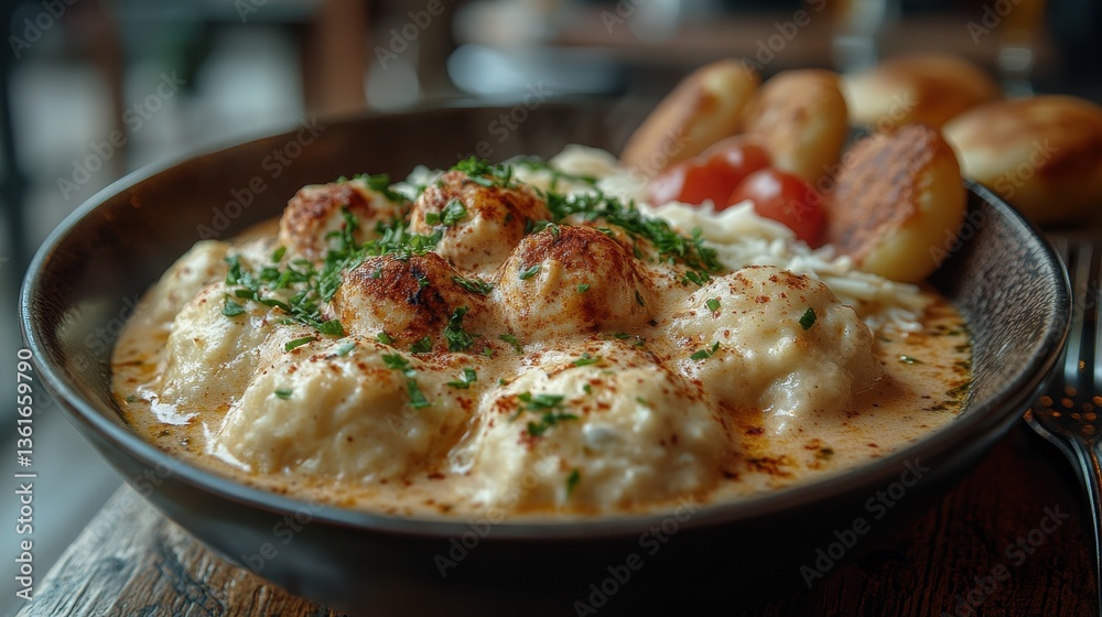 A beautifully presented dish of dumplings and potatoes ready for eating A beautifully presented dish of dumplings and potatoes ready for eating